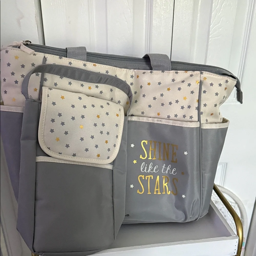 Gray and Cream Star Patterned Diaper Bag